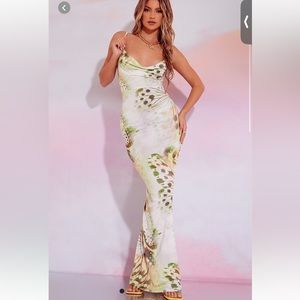 PLT Green Butterfly Print Slinky Cowl Maxi Dress Size 2 NWT